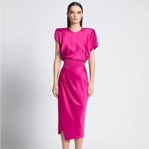 Zhivago fuchsia pink satin structured shoulder midi dress — 2 (XS)